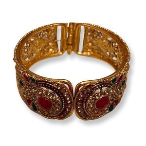 Indian Style Red Green Stone Gold Clamper Bracelet